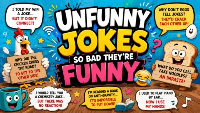 Colorful cartoon comedy banner featuring silly joke characters, speech bubbles, funny one-liners, and bold text reading “Unfunny Jokes So Bad They’re Funny.”