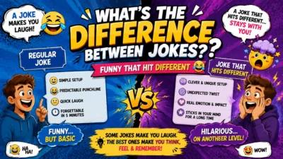 Colorful comic-style graphic comparing regular jokes with jokes that hit different, featuring laughing characters, speech bubbles, emojis, and bold typography.