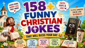 A cheerful Christian-themed illustration featuring a smiling church, friendly Bible, joyful faith-inspired characters, and bold text reading "158+ Funny Christian Jokes That Will Bless Your Day."