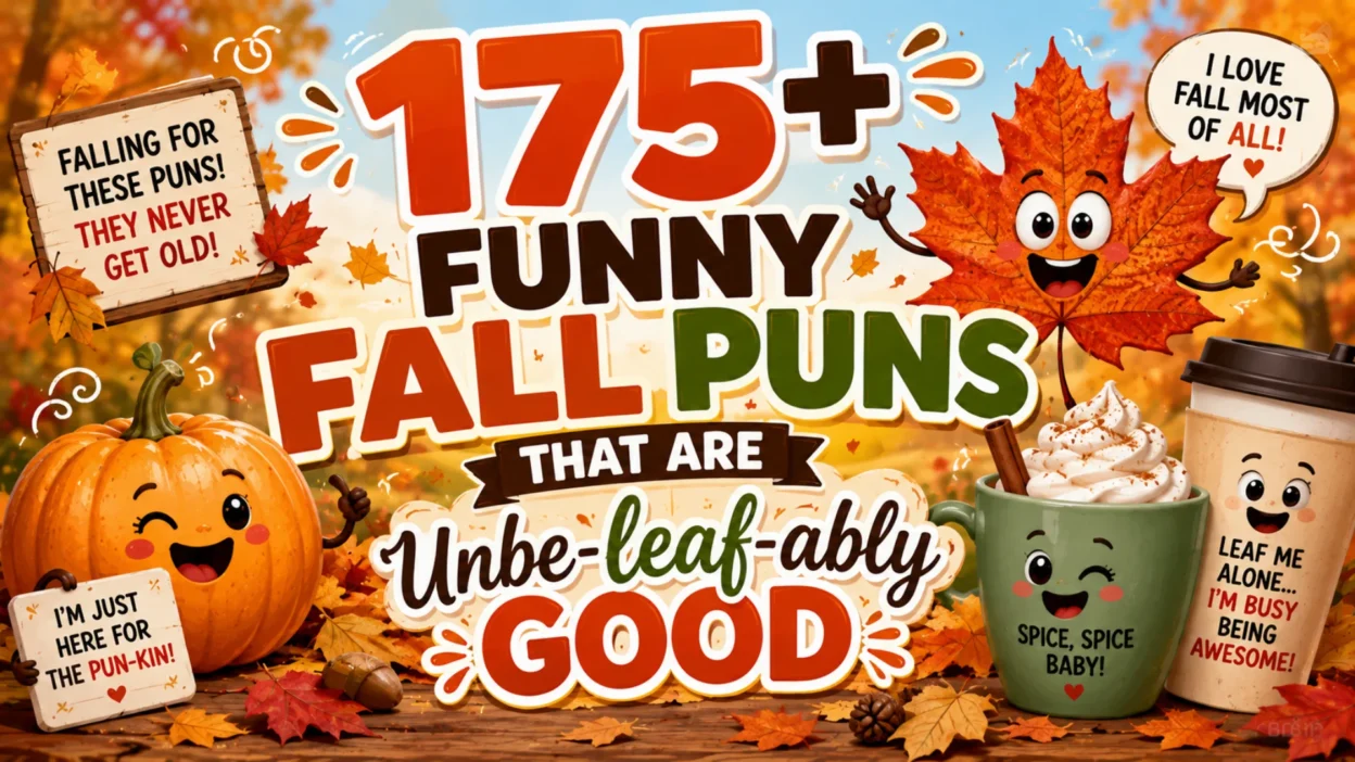 A colorful autumn scene with smiling pumpkins, cheerful maple leaves, cozy coffee cups, and bold text reading "175+ Funny Fall Puns That Are Unbe-leaf-ably Good."