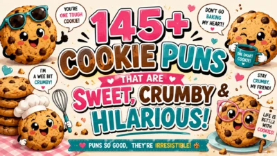 Cute cartoon chocolate chip cookies with funny expressions and playful baking puns on a colorful 1920×1080 banner titled “145+ Cookie Puns That Are Sweet, Crumby & Hilarious.”