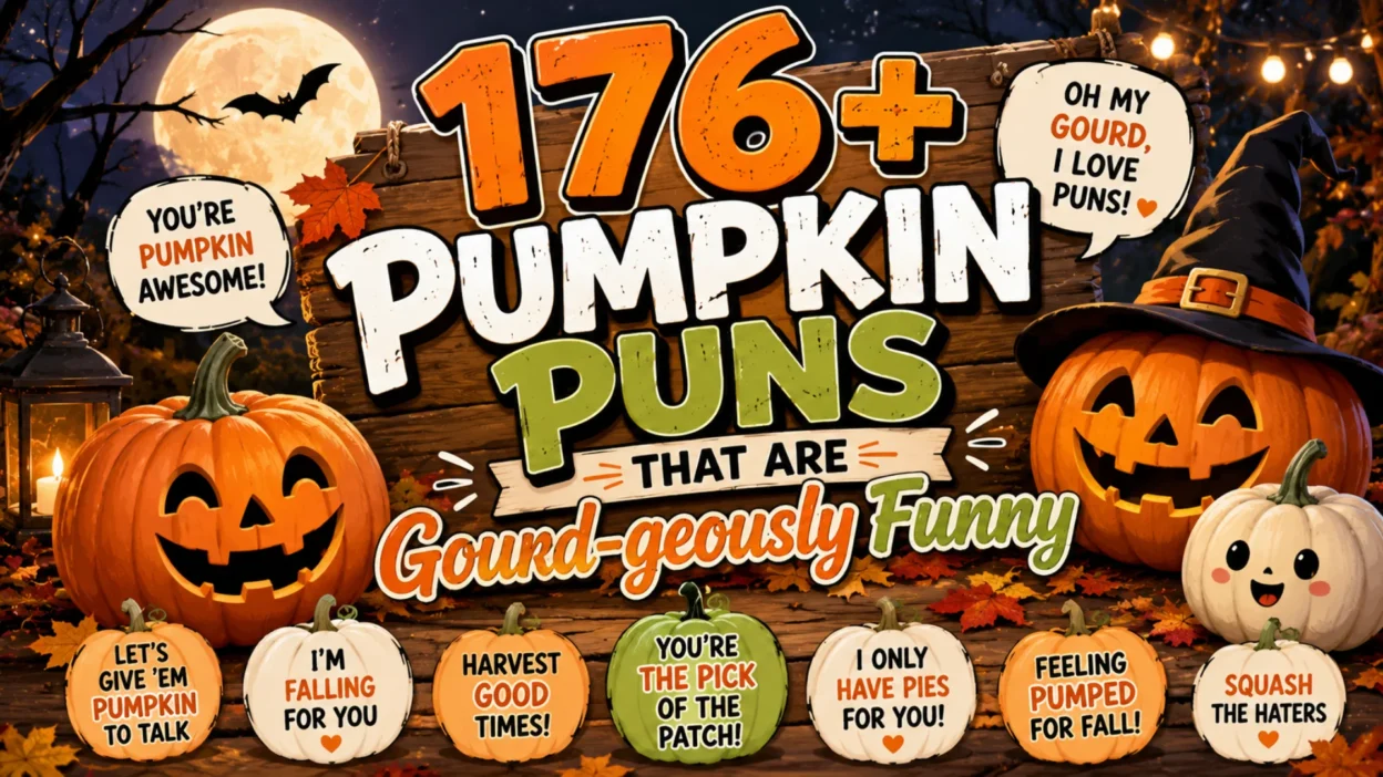 A festive autumn banner featuring smiling jack-o'-lanterns, colorful pumpkins, fall leaves, a glowing full moon, and bold typography promoting 176+ funny pumpkin puns.