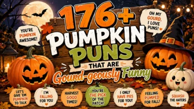 A festive autumn banner featuring smiling jack-o'-lanterns, colorful pumpkins, fall leaves, a glowing full moon, and bold typography promoting 176+ funny pumpkin puns.