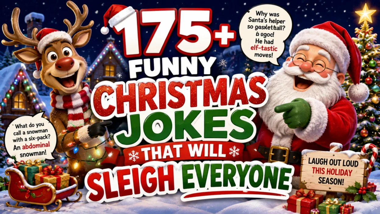 A festive Christmas banner featuring Santa Claus, a smiling reindeer, decorated Christmas trees, wrapped gifts, snowy cottages, and bold typography promoting 175+ funny Christmas jokes.