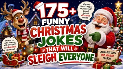 A festive Christmas banner featuring Santa Claus, a smiling reindeer, decorated Christmas trees, wrapped gifts, snowy cottages, and bold typography promoting 175+ funny Christmas jokes.
