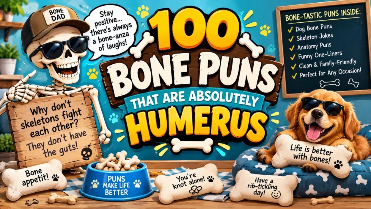 100 bone puns that are absolutely humerus, featuring a funny skeleton, dog, bones, and playful comedy signs