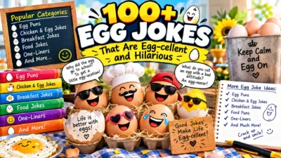 100+ egg jokes featuring funny egg characters, playful speech bubbles, breakfast humor, and hilarious egg-themed wordplay