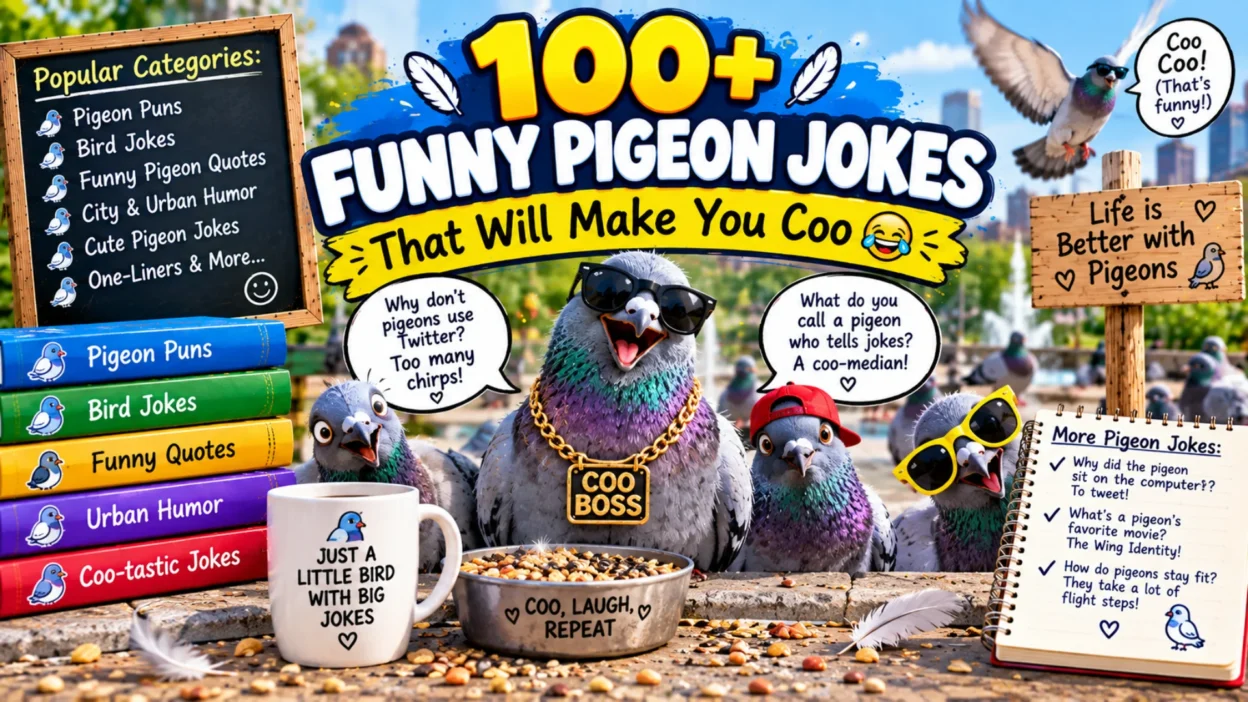 100+ funny pigeon jokes featuring playful pigeons, bird humor, city scenes, funny speech bubbles, and hilarious coo wordplay