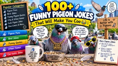100+ funny pigeon jokes featuring playful pigeons, bird humor, city scenes, funny speech bubbles, and hilarious coo wordplay