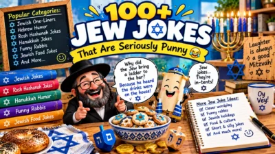 100+ Jewish jokes featuring playful Jewish humor, holiday themes, bagels, menorahs, dreidels, and clever wordplay