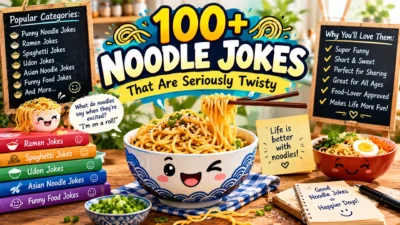 100+ noodle jokes featuring funny noodle bowls, ramen, spaghetti, chopsticks, and twisty food humor