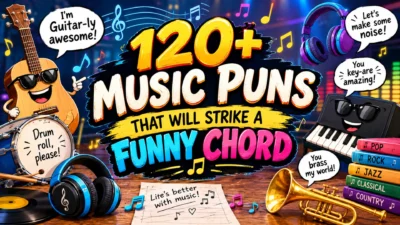 120+ music puns graphic featuring a guitar, piano, drums, headphones, trumpet, colorful music notes, and funny musical wordplay