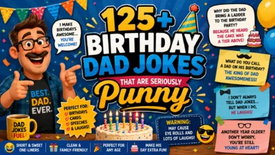 125+ funny birthday dad jokes featuring a cheerful dad, birthday cake, balloons, gifts, and playful joke cards