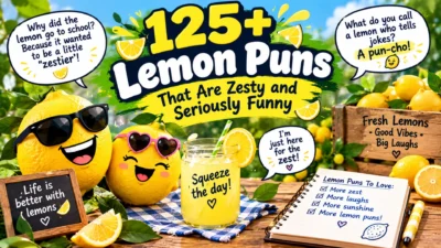125+ lemon puns featuring funny lemons, lemonade, fresh lemon slices, and zesty wordplay