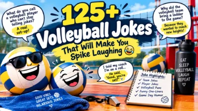 125+ volleyball jokes featuring funny volleyballs, a sunny court, playful speech bubbles, and volleyball humor