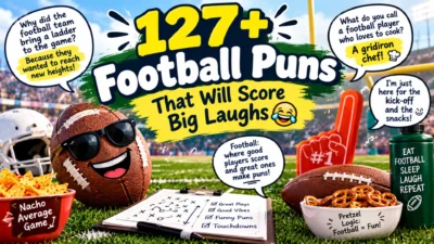 127+ football puns featuring funny football characters, a stadium, goalpost, helmet, snacks, and playful game-day humor