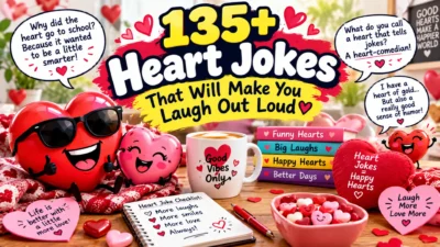 135+ heart jokes featuring funny heart characters, Valentine’s decorations, candy hearts, coffee, and playful love humor
