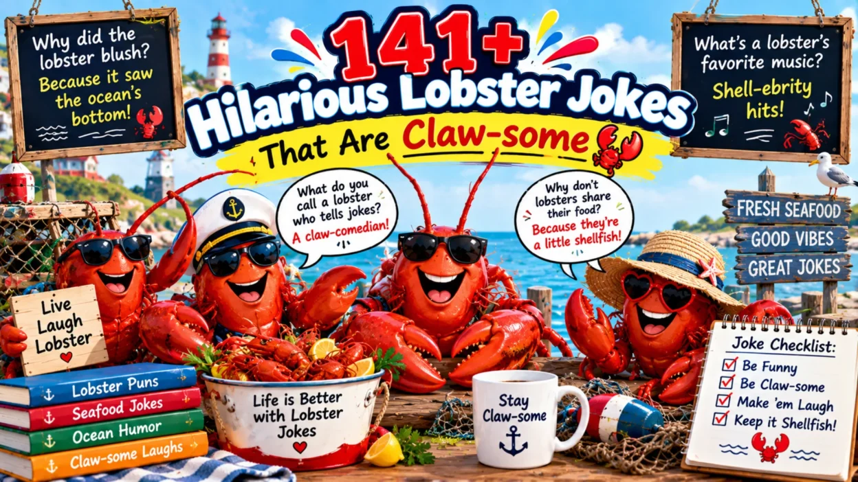 141+ hilarious lobster jokes featuring funny lobster characters, ocean scenery, seafood humor, and claw-some puns