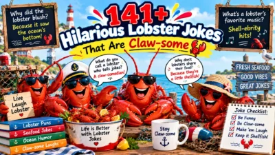 141+ hilarious lobster jokes featuring funny lobster characters, ocean scenery, seafood humor, and claw-some puns