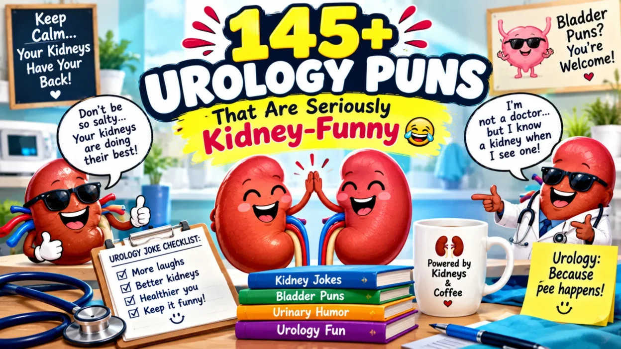145+ urology puns featuring funny kidney characters, a doctor, bladder humor, and playful medical jokes