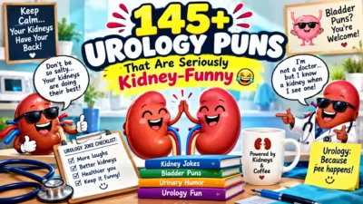 145+ urology puns featuring funny kidney characters, a doctor, bladder humor, and playful medical jokes
