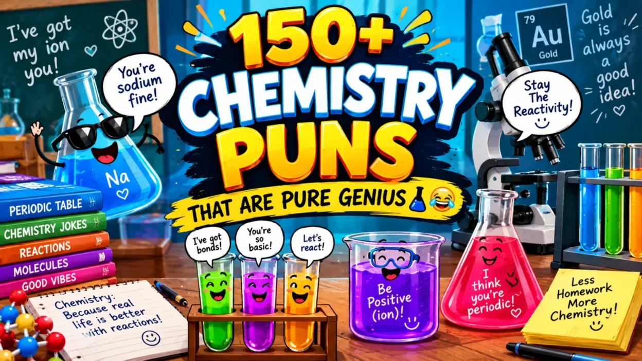 150+ chemistry puns graphic featuring colorful test tubes, beakers, a microscope, periodic table, and funny science wordplay
