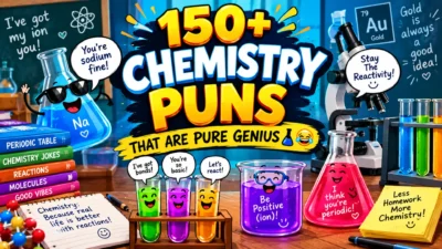 150+ chemistry puns graphic featuring colorful test tubes, beakers, a microscope, periodic table, and funny science wordplay