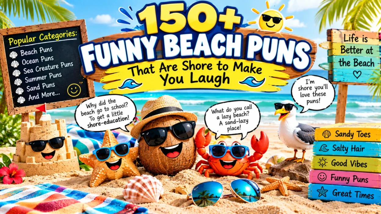150+ funny beach puns featuring playful beach characters, ocean waves, sandcastles, crabs, seagulls, and shore-themed humor