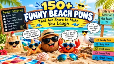 150+ funny beach puns featuring playful beach characters, ocean waves, sandcastles, crabs, seagulls, and shore-themed humor