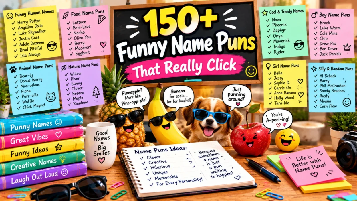 150+ funny name puns featuring clever human, food, animal, nature, boy, girl, cool, and silly name wordplay