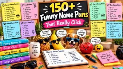 150+ funny name puns featuring clever human, food, animal, nature, boy, girl, cool, and silly name wordplay