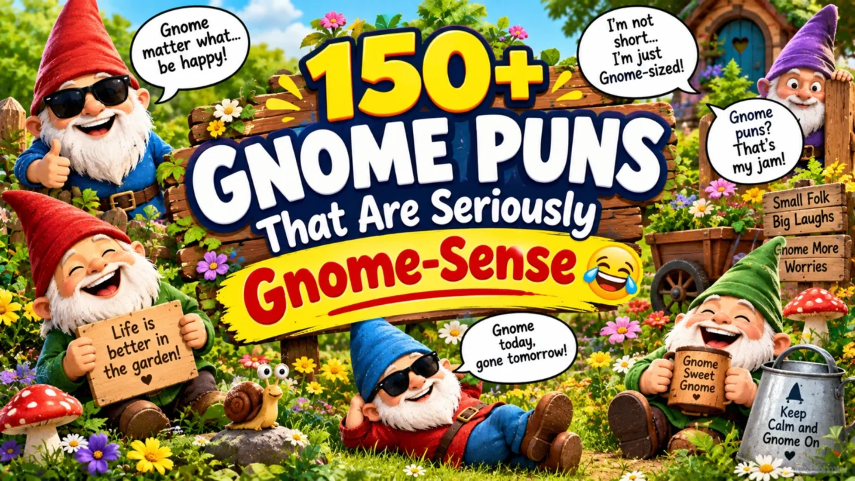 150+ gnome puns featuring colorful cartoon garden gnomes, flowers, mushrooms, and playful humor