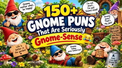 150+ gnome puns featuring colorful cartoon garden gnomes, flowers, mushrooms, and playful humor