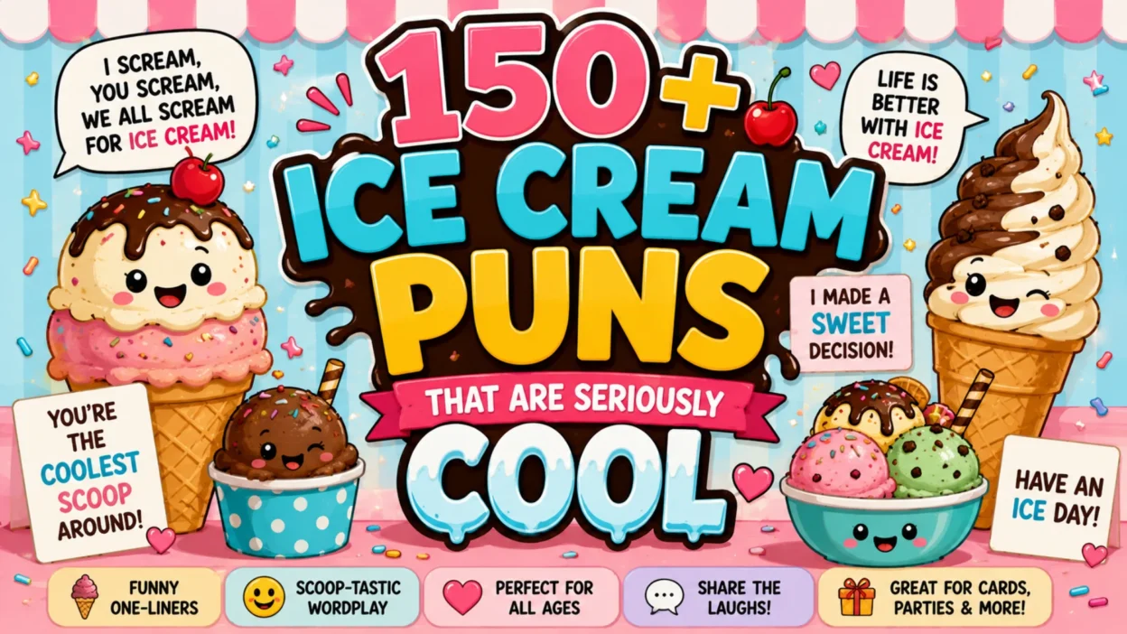 150+ ice cream puns featuring colorful scoops, cones, sundaes, sprinkles, and playful dessert humor