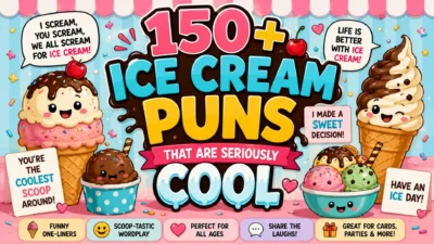 150+ ice cream puns featuring colorful scoops, cones, sundaes, sprinkles, and playful dessert humor