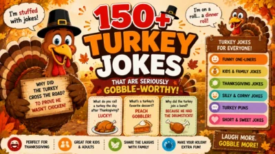 150+ turkey jokes featuring a funny Thanksgiving turkey, autumn leaves, joke cards, and playful holiday humor