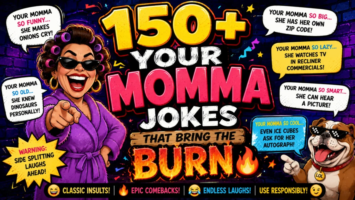 Colorful comic-style graphic featuring 150+ your momma jokes, playful roast characters, funny speech bubbles, flames, and laughing emojis.