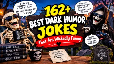 162+ best dark humor jokes featuring a laughing skeleton, grim reaper, crow, and spooky cemetery scene
