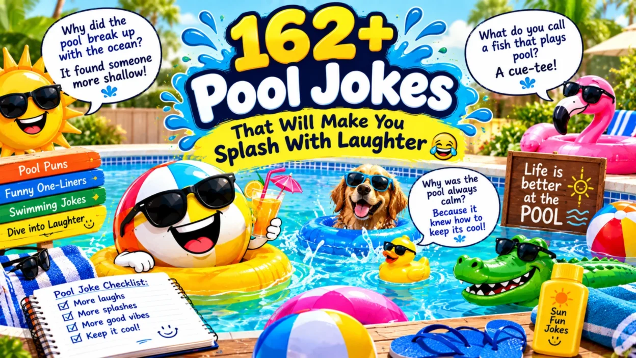 162+ pool jokes featuring a funny pool party, swimming floats, a smiling dog, a rubber duck, and playful summer humor
