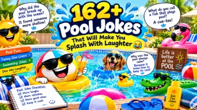 162+ pool jokes featuring a funny pool party, swimming floats, a smiling dog, a rubber duck, and playful summer humor
