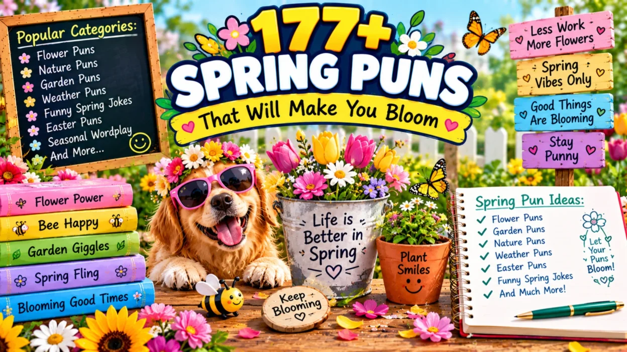 177+ spring puns featuring colorful flowers, blooming gardens, butterflies, bees, nature humor, and funny spring wordplay