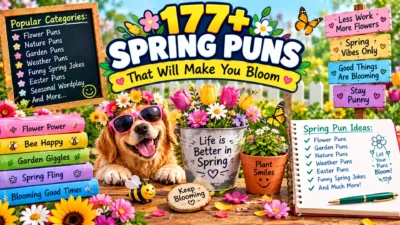 177+ spring puns featuring colorful flowers, blooming gardens, butterflies, bees, nature humor, and funny spring wordplay