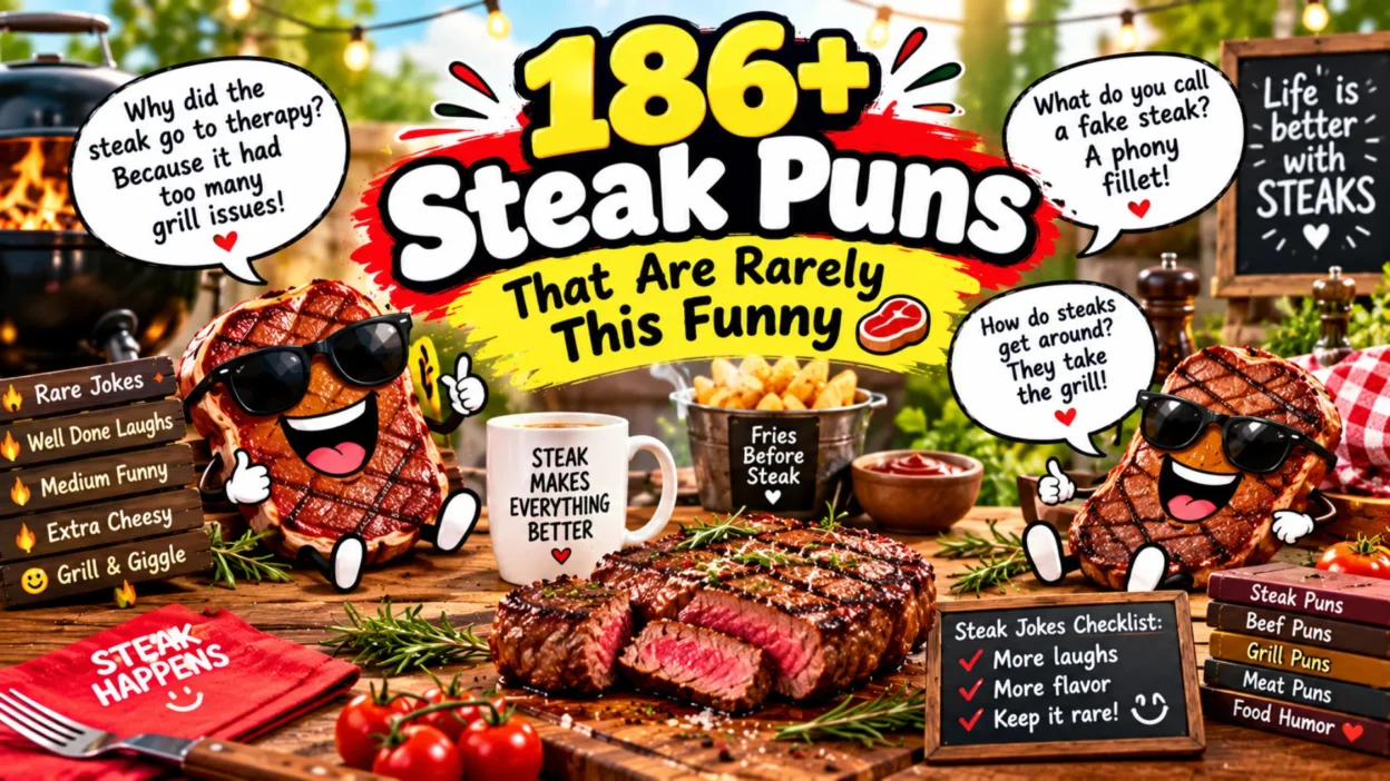 186+ steak puns featuring funny grilled steak characters, barbecue food, fries, and playful meat humor