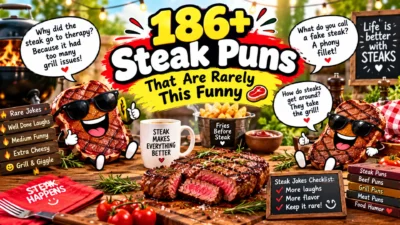 186+ steak puns featuring funny grilled steak characters, barbecue food, fries, and playful meat humor