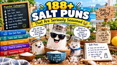 188+ salt puns featuring funny salt shakers, sea salt, cooking humor, seasoning jokes, and seriously seasoned wordplay