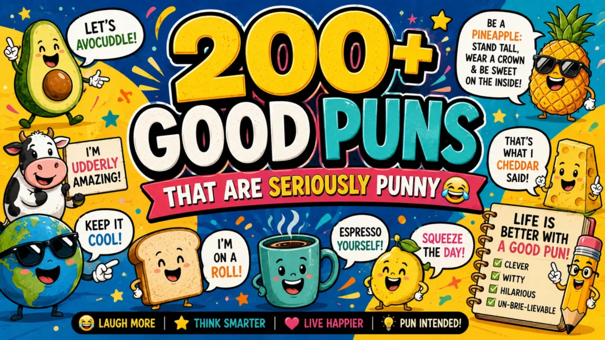 Colorful cartoon graphic featuring 200+ good puns with smiling avocado, cow, pineapple, cheese, toast, coffee, lemon, and playful speech bubbles.