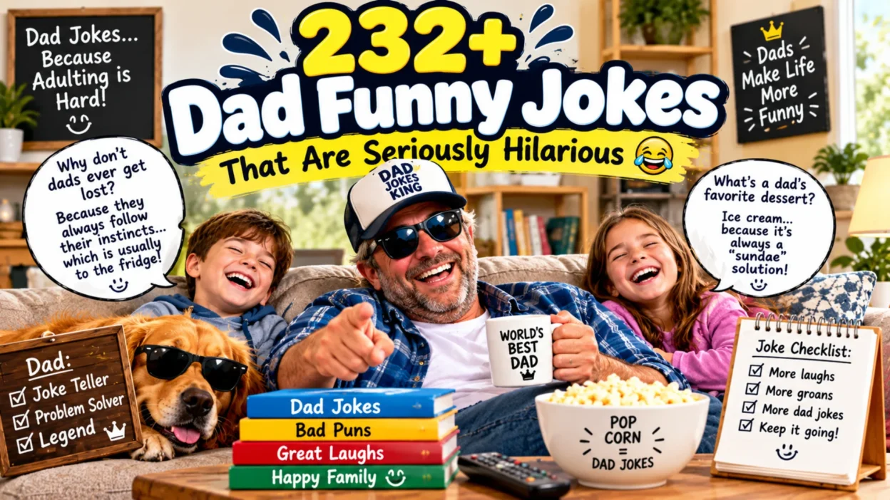 232+ dad funny jokes featuring a laughing dad, kids, dog, popcorn, and hilarious family humor