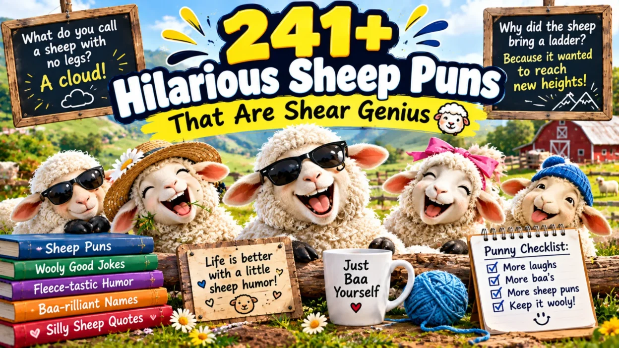 241+ hilarious sheep puns featuring funny sheep, a farmyard, wool, yarn, and playful sheep humor