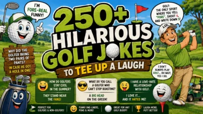 Colorful golf jokes graphic featuring a smiling golf ball, golfer, golf clubs, golf cart, green course, and funny speech bubbles.