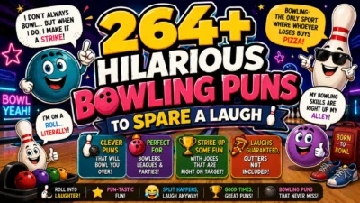 Colorful bowling puns graphic featuring smiling bowling balls, pins, a bowling alley, pizza, trophies, and funny speech bubbles.